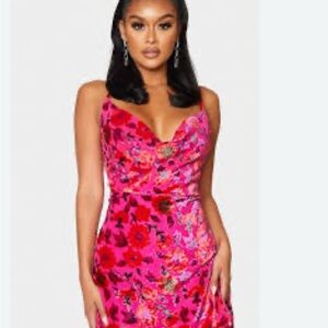 PrettyLittleThing Pink Floral Flocked Dress